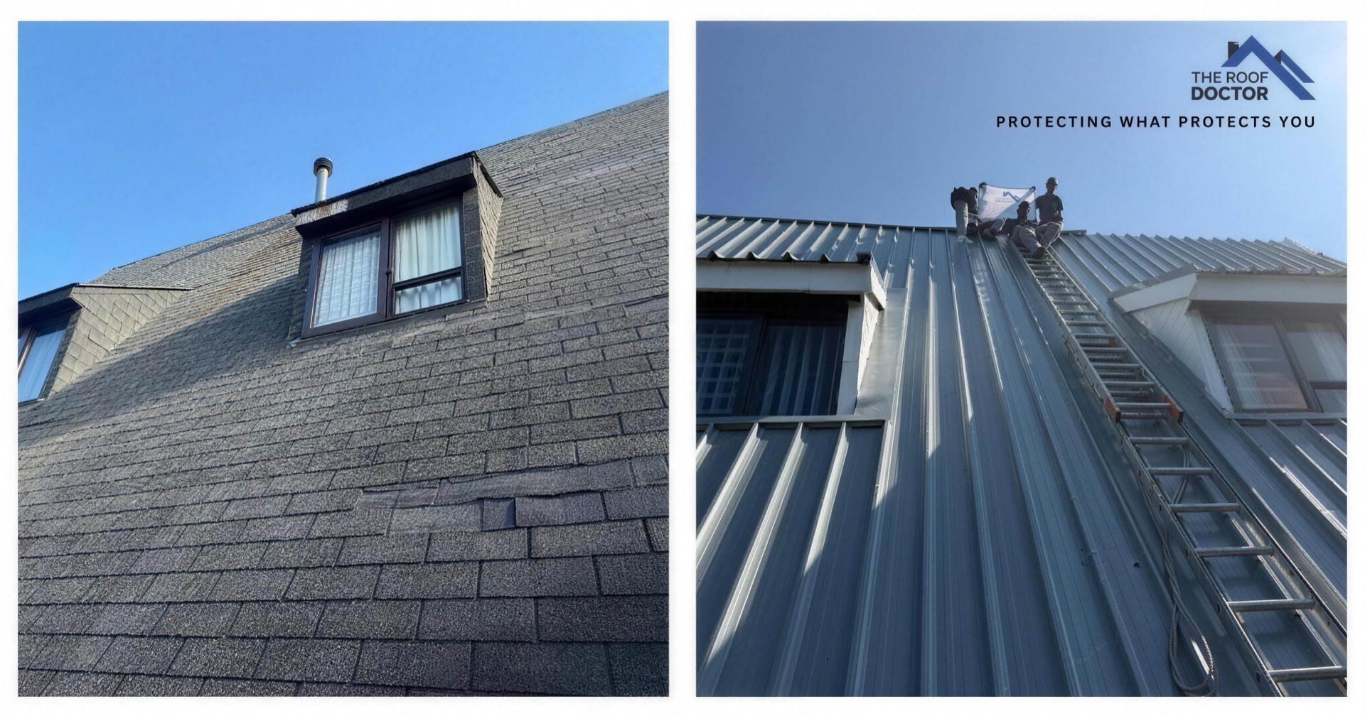 Before and after: a steep shingle roof re-covered in standing-seam metal