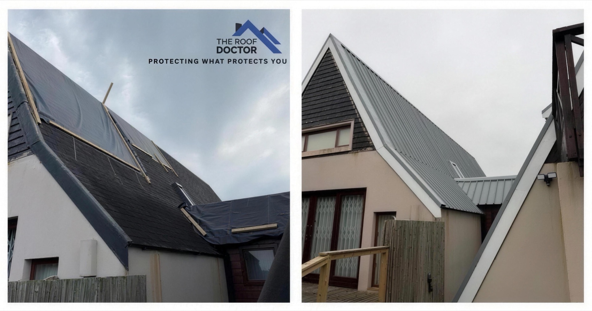 Before and after: the finished standing-seam roof on a steep gable end
